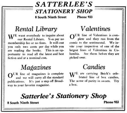 text advertisement for Satterlee's Stationery Shop