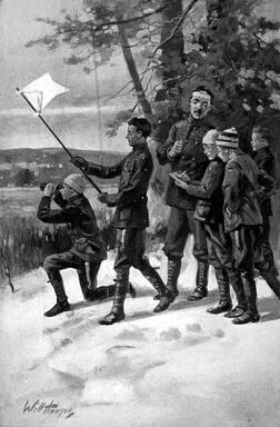 illustration of boys scouting in snow being supervised by Mr. Satterlee