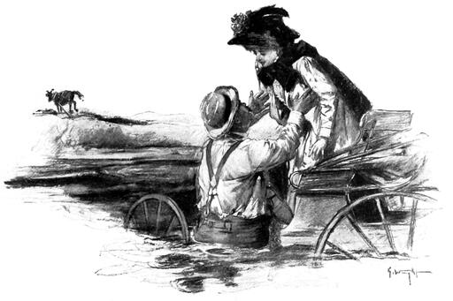 illustration of Marcus Antonius Saterlee reaching to carry a woman across a river