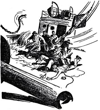 illustration of seaman Satterly and crew being tossed around the deck of a boat in a storm