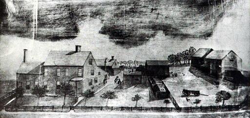 old painting of the buildings and land making up Satterly Farm