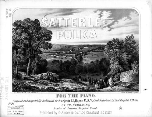 illustration of of a natural scene with Satterlee Hospital in the distance with the words Satterlee Polka over it